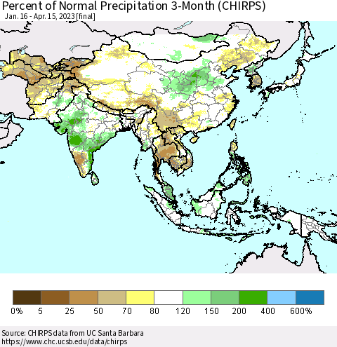 Asia Percent of Normal Precipitation 3-Month (CHIRPS) Thematic Map For 1/16/2023 - 4/15/2023