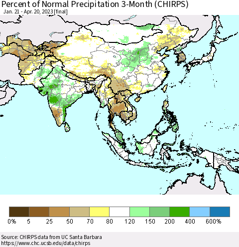 Asia Percent of Normal Precipitation 3-Month (CHIRPS) Thematic Map For 1/21/2023 - 4/20/2023