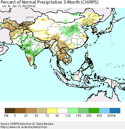 Asia Percent of Normal Precipitation 3-Month (CHIRPS) Thematic Map For 1/26/2023 - 4/25/2023