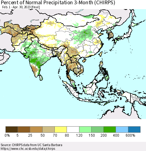 Asia Percent of Normal Precipitation 3-Month (CHIRPS) Thematic Map For 2/1/2023 - 4/30/2023