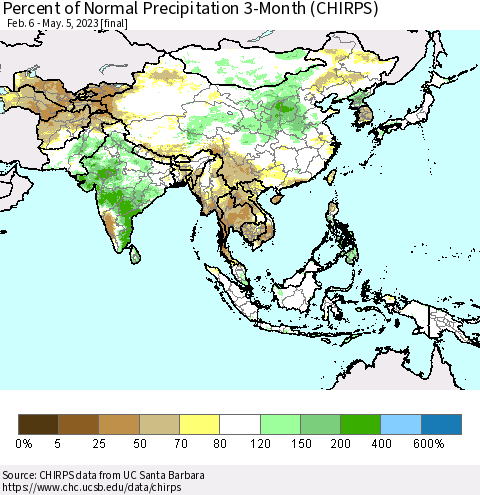 Asia Percent of Normal Precipitation 3-Month (CHIRPS) Thematic Map For 2/6/2023 - 5/5/2023