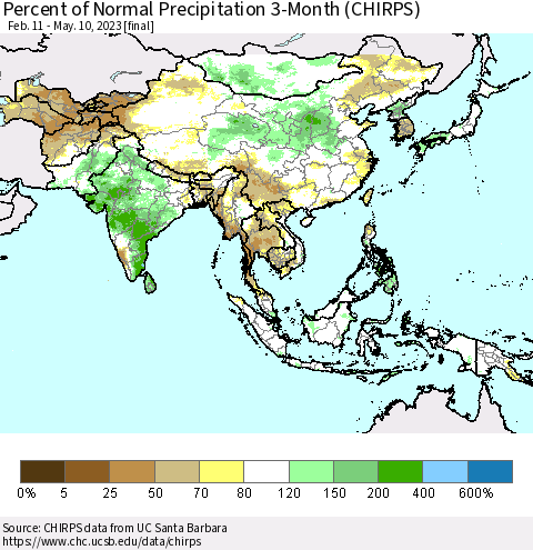 Asia Percent of Normal Precipitation 3-Month (CHIRPS) Thematic Map For 2/11/2023 - 5/10/2023