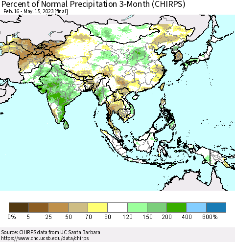 Asia Percent of Normal Precipitation 3-Month (CHIRPS) Thematic Map For 2/16/2023 - 5/15/2023