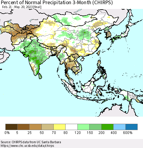 Asia Percent of Normal Precipitation 3-Month (CHIRPS) Thematic Map For 2/21/2023 - 5/20/2023