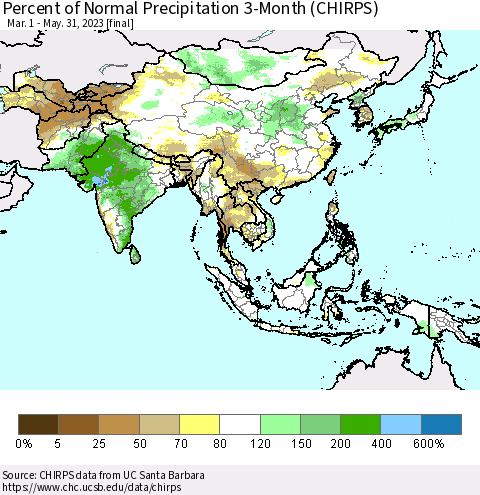 Asia Percent of Normal Precipitation 3-Month (CHIRPS) Thematic Map For 3/1/2023 - 5/31/2023