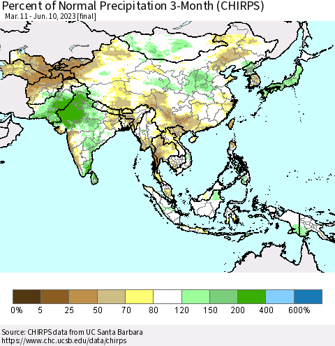 Asia Percent of Normal Precipitation 3-Month (CHIRPS) Thematic Map For 3/11/2023 - 6/10/2023