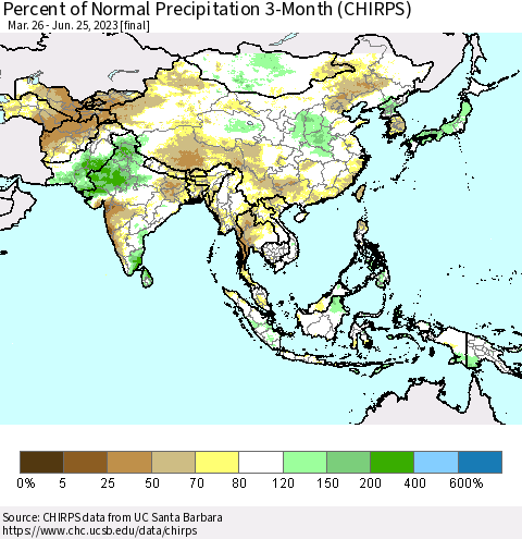 Asia Percent of Normal Precipitation 3-Month (CHIRPS) Thematic Map For 3/26/2023 - 6/25/2023