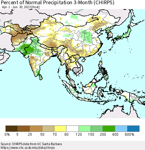 Asia Percent of Normal Precipitation 3-Month (CHIRPS) Thematic Map For 4/1/2023 - 6/30/2023