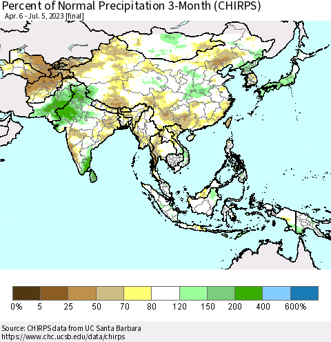 Asia Percent of Normal Precipitation 3-Month (CHIRPS) Thematic Map For 4/6/2023 - 7/5/2023