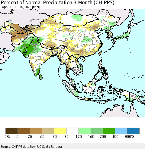Asia Percent of Normal Precipitation 3-Month (CHIRPS) Thematic Map For 4/11/2023 - 7/10/2023