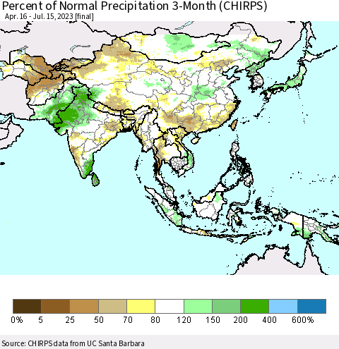 Asia Percent of Normal Precipitation 3-Month (CHIRPS) Thematic Map For 4/16/2023 - 7/15/2023