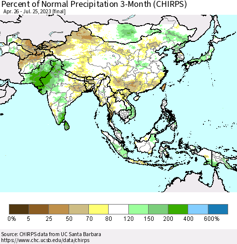 Asia Percent of Normal Precipitation 3-Month (CHIRPS) Thematic Map For 4/26/2023 - 7/25/2023
