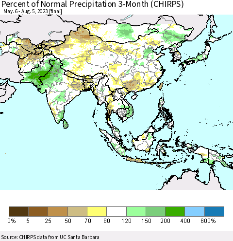 Asia Percent of Normal Precipitation 3-Month (CHIRPS) Thematic Map For 5/6/2023 - 8/5/2023