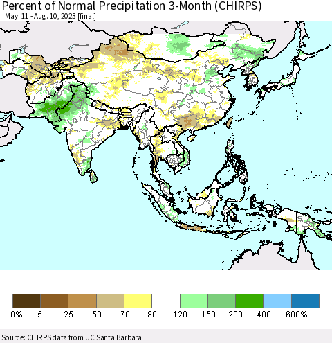 Asia Percent of Normal Precipitation 3-Month (CHIRPS) Thematic Map For 5/11/2023 - 8/10/2023