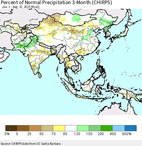 Asia Percent of Normal Precipitation 3-Month (CHIRPS) Thematic Map For 6/1/2023 - 8/31/2023