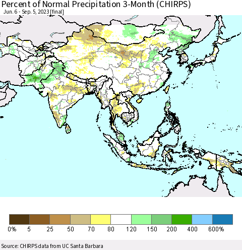 Asia Percent of Normal Precipitation 3-Month (CHIRPS) Thematic Map For 6/6/2023 - 9/5/2023