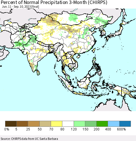Asia Percent of Normal Precipitation 3-Month (CHIRPS) Thematic Map For 6/11/2023 - 9/10/2023