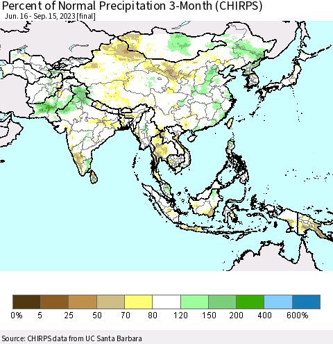 Asia Percent of Normal Precipitation 3-Month (CHIRPS) Thematic Map For 6/16/2023 - 9/15/2023