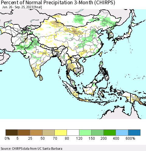 Asia Percent of Normal Precipitation 3-Month (CHIRPS) Thematic Map For 6/26/2023 - 9/25/2023