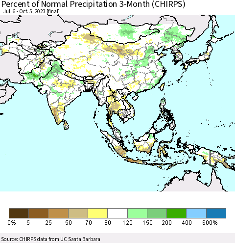 Asia Percent of Normal Precipitation 3-Month (CHIRPS) Thematic Map For 7/6/2023 - 10/5/2023