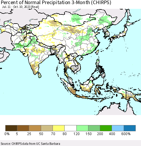 Asia Percent of Normal Precipitation 3-Month (CHIRPS) Thematic Map For 7/11/2023 - 10/10/2023
