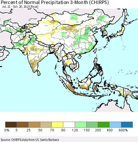 Asia Percent of Normal Precipitation 3-Month (CHIRPS) Thematic Map For 7/21/2023 - 10/20/2023