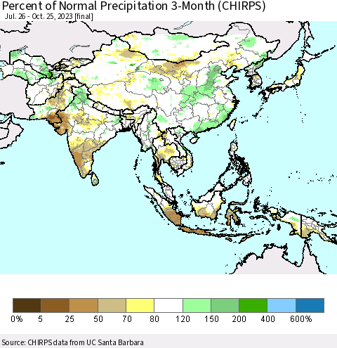 Asia Percent of Normal Precipitation 3-Month (CHIRPS) Thematic Map For 7/26/2023 - 10/25/2023