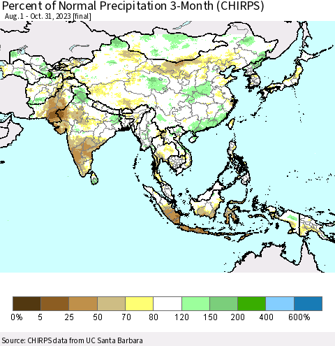 Asia Percent of Normal Precipitation 3-Month (CHIRPS) Thematic Map For 8/1/2023 - 10/31/2023