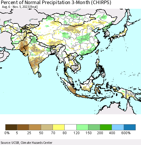 Asia Percent of Normal Precipitation 3-Month (CHIRPS) Thematic Map For 8/6/2023 - 11/5/2023