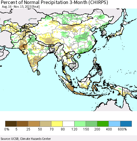 Asia Percent of Normal Precipitation 3-Month (CHIRPS) Thematic Map For 8/16/2023 - 11/15/2023