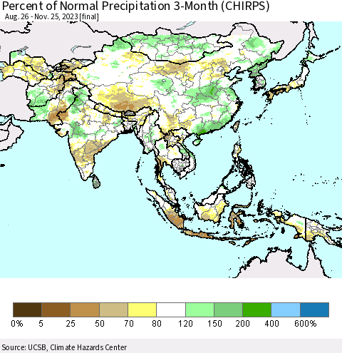 Asia Percent of Normal Precipitation 3-Month (CHIRPS) Thematic Map For 8/26/2023 - 11/25/2023