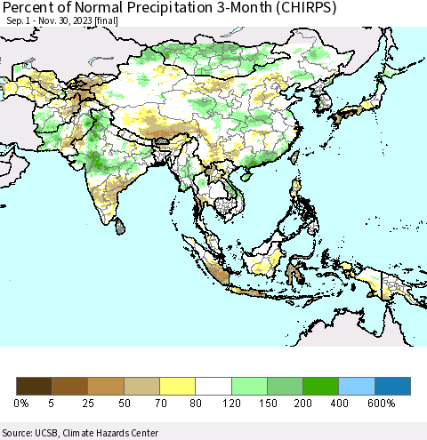 Asia Percent of Normal Precipitation 3-Month (CHIRPS) Thematic Map For 9/1/2023 - 11/30/2023
