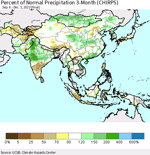 Asia Percent of Normal Precipitation 3-Month (CHIRPS) Thematic Map For 9/6/2023 - 12/5/2023
