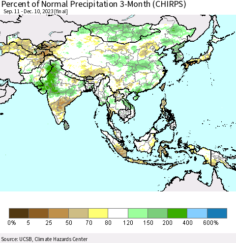 Asia Percent of Normal Precipitation 3-Month (CHIRPS) Thematic Map For 9/11/2023 - 12/10/2023