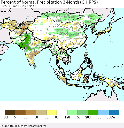 Asia Percent of Normal Precipitation 3-Month (CHIRPS) Thematic Map For 9/16/2023 - 12/15/2023