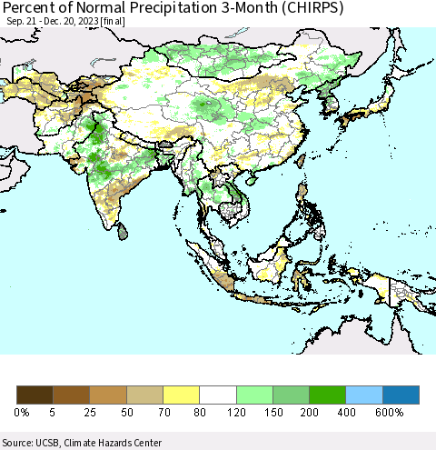 Asia Percent of Normal Precipitation 3-Month (CHIRPS) Thematic Map For 9/21/2023 - 12/20/2023