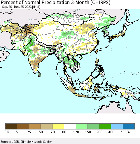Asia Percent of Normal Precipitation 3-Month (CHIRPS) Thematic Map For 9/26/2023 - 12/25/2023