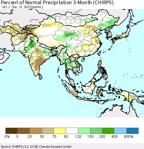 Asia Percent of Normal Precipitation 3-Month (CHIRPS) Thematic Map For 10/1/2023 - 12/31/2023