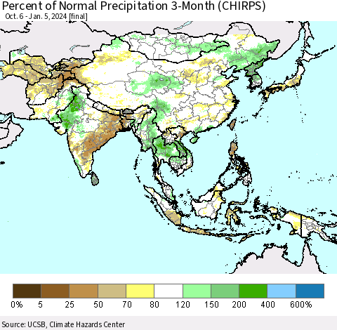 Asia Percent of Normal Precipitation 3-Month (CHIRPS) Thematic Map For 10/6/2023 - 1/5/2024