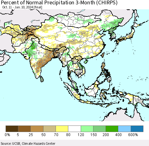 Asia Percent of Normal Precipitation 3-Month (CHIRPS) Thematic Map For 10/11/2023 - 1/10/2024