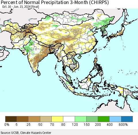 Asia Percent of Normal Precipitation 3-Month (CHIRPS) Thematic Map For 10/16/2023 - 1/15/2024
