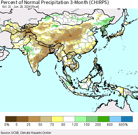 Asia Percent of Normal Precipitation 3-Month (CHIRPS) Thematic Map For 10/21/2023 - 1/20/2024