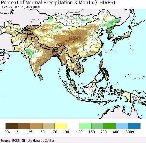Asia Percent of Normal Precipitation 3-Month (CHIRPS) Thematic Map For 10/26/2023 - 1/25/2024