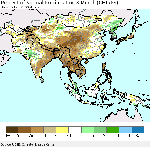 Asia Percent of Normal Precipitation 3-Month (CHIRPS) Thematic Map For 11/1/2023 - 1/31/2024