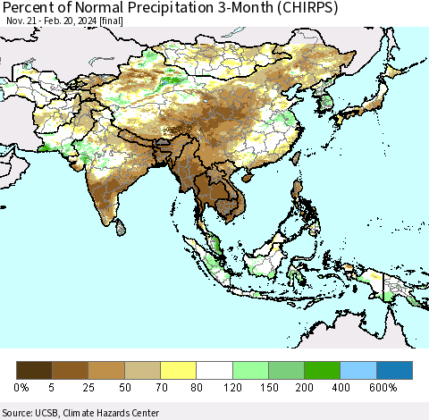 Asia Percent of Normal Precipitation 3-Month (CHIRPS) Thematic Map For 11/21/2023 - 2/20/2024