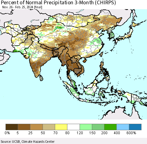 Asia Percent of Normal Precipitation 3-Month (CHIRPS) Thematic Map For 11/26/2023 - 2/25/2024