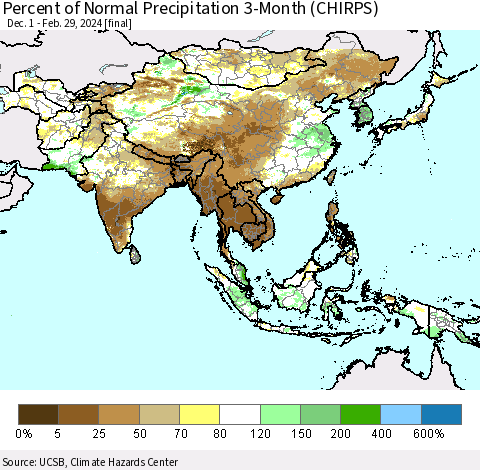 Asia Percent of Normal Precipitation 3-Month (CHIRPS) Thematic Map For 12/1/2023 - 2/29/2024