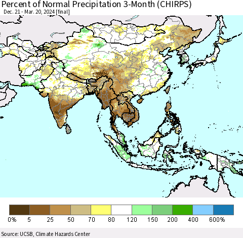 Asia Percent of Normal Precipitation 3-Month (CHIRPS) Thematic Map For 12/21/2023 - 3/20/2024