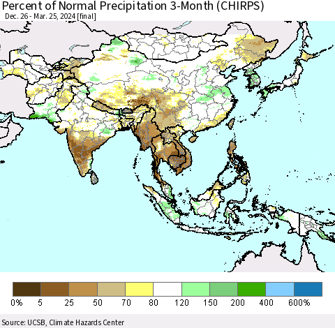 Asia Percent of Normal Precipitation 3-Month (CHIRPS) Thematic Map For 12/26/2023 - 3/25/2024
