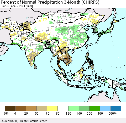 Asia Percent of Normal Precipitation 3-Month (CHIRPS) Thematic Map For 1/6/2024 - 4/5/2024